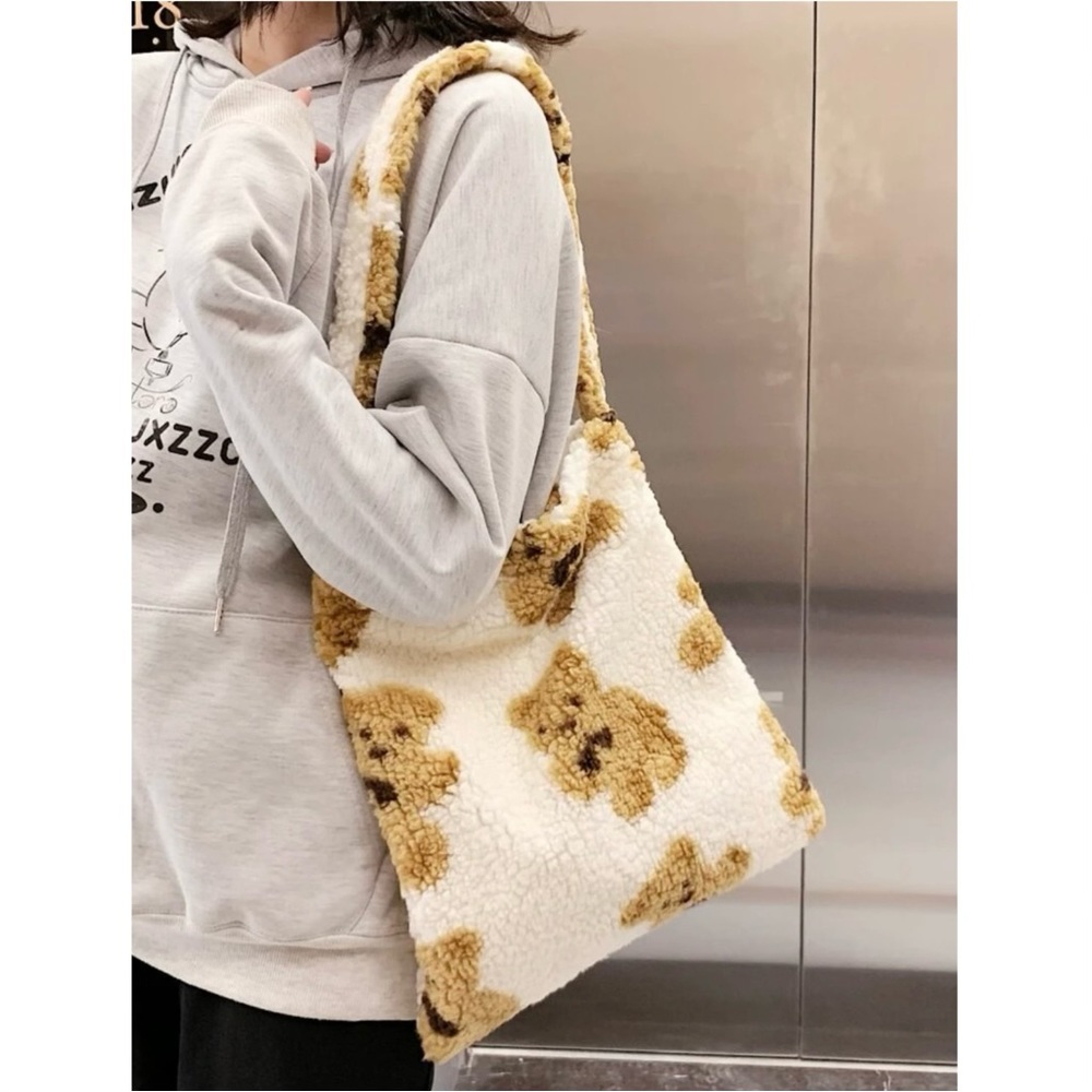Fluffy Teddy Bear Shoulder Tote Bag
